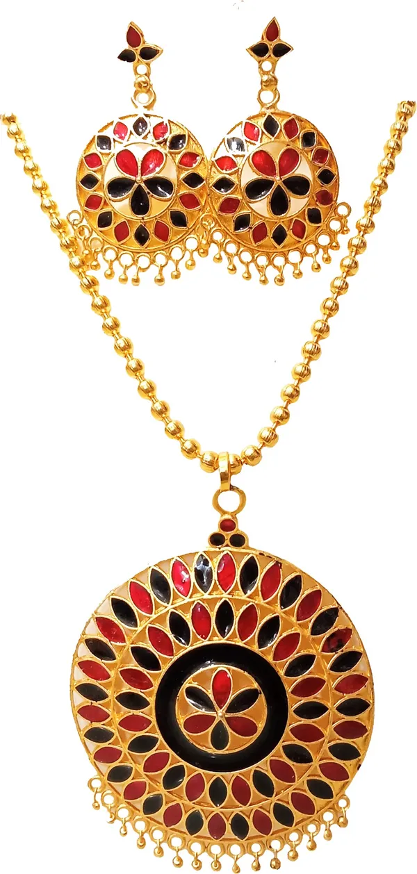 Assamese_Traditional_Gold_Plated_Red_Black_Color_Japi_Chain_Jewellery_Set_For_Women_&_Girls
